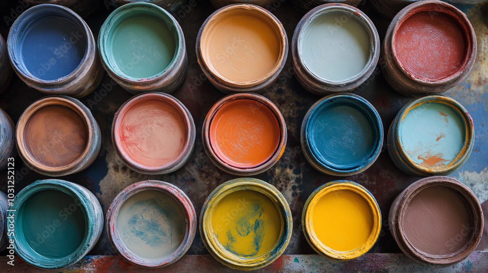 front, horizontal view,an array of paint pots front, horizontal view,an array of paint pots