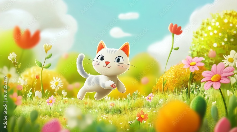 Playful Cat in a Whimsical Meadow Playful Cat in a Whimsical Meadow