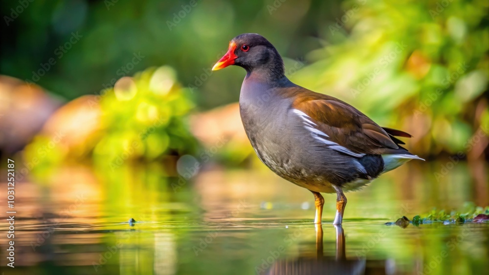 Common moorhen bird standing near the water's edge, wildlife, birdwatching, nature, wetlands, feathers, waterfowl Common moorhen bird standing near the water's edge, wildlife, birdwatching, nature, wetlands, feathers, waterfowl