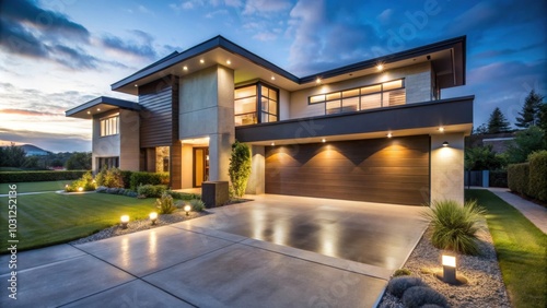 Modern house exterior lighting illuminating concrete driveway and lawning at night , modern, house, exterior