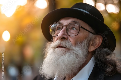 Orthodox jewish man in traditional costume on the street. Jewish memory day. Hanukkah, Passover, Shavuot, Yom Kippur holiday. Happy Independence Day of Israel