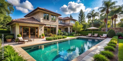 House with pool and lush green landscaping , backyard, swimming pool, modern architecture, garden