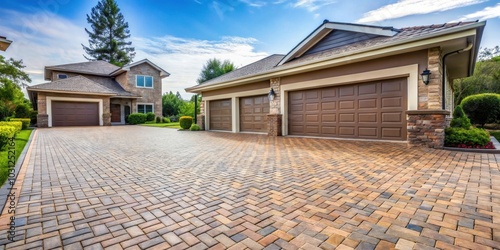 Driveway with brick pavers and garage in the background , brick, pavers, driveway, garage, home, exterior