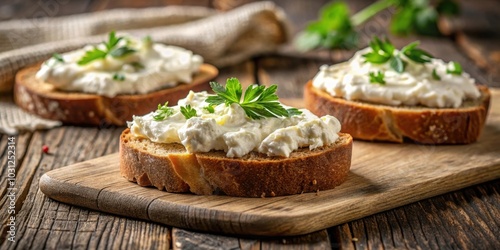 Creamy cheese spread on slices of rustic bread, cheese, spread, creamy, snack, appetizer, bread, rustic, homemade