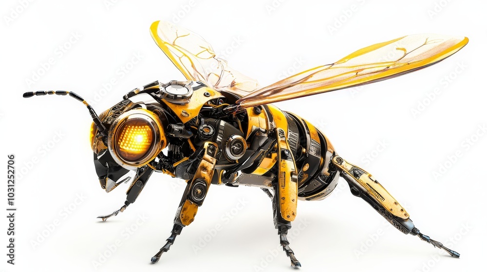 A charming robotic insect with a design based on a bee, featuring glowing eyes, metallic yellow-black body plating, and delicate mechanical wings. A charming robotic insect with a design based on a bee, featuring glowing eyes, metallic yellow-black body plating, and delicate mechanical wings.