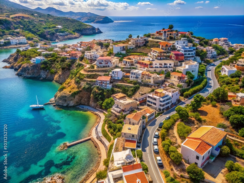 Aerial View of Agia Pelagia, Crete: Serpentine Roads and Coastal Beauty for Vacation Inspiration Aerial View of Agia Pelagia, Crete: Serpentine Roads and Coastal Beauty for Vacation Inspiration