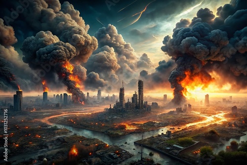 Aerial View of a Futuristic Apocalypse: Burning Earth and Ruined Cities Amidst Smoke Clouds photo