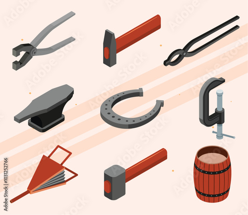 Isometric icons of blacksmith tools and forging equipment.