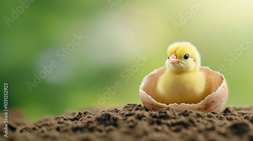 Newly hatched chick emerging from its shell, symbolizing the start of life.