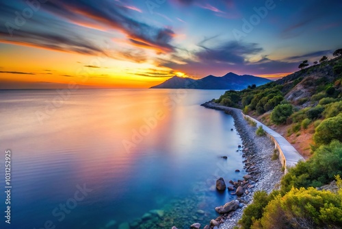 Long exposure of Mediterranean dusk over southern Turkish coastline near Turkler