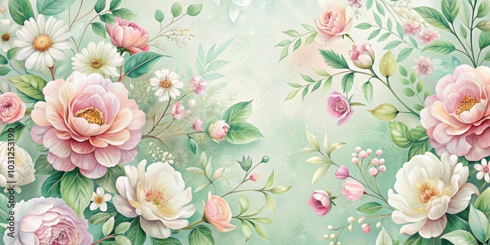Elegant floral wallpaper design with pastel flowers and green leaves, floral, wallpaper, design, pastel, flowers, green Elegant floral wallpaper design with pastel flowers and green leaves, floral, wallpaper, design, pastel, flowers, green