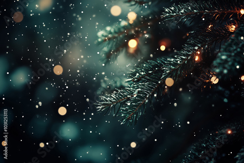 Close-up of green fir branches against the backdrop of snowfall