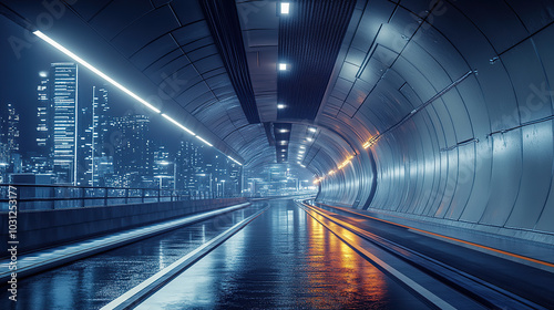 A photorealistic image of an empty  futuristic tunnel with lights and train tracks