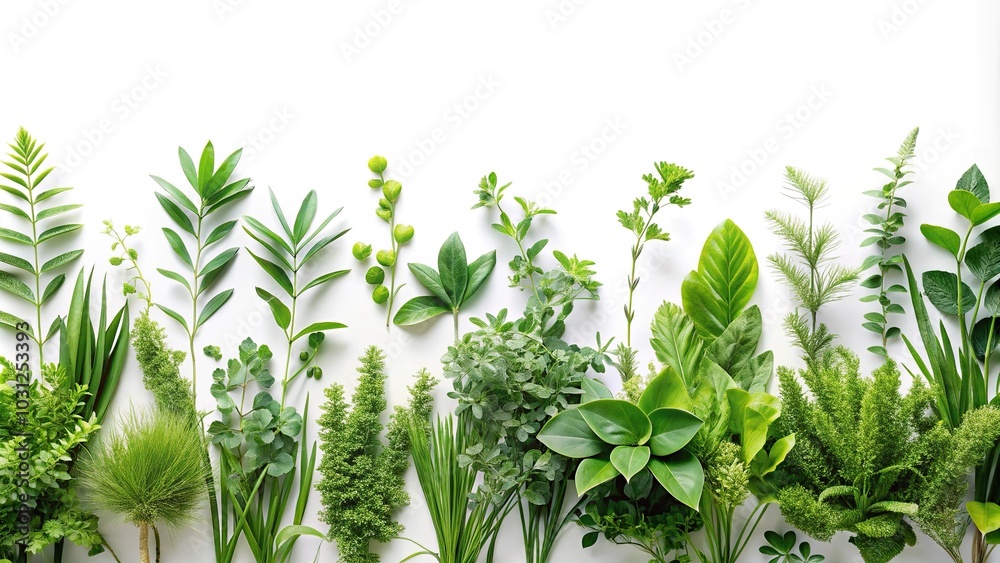 Obraz premium Long shot composition of various wild green plants isolated on white background
