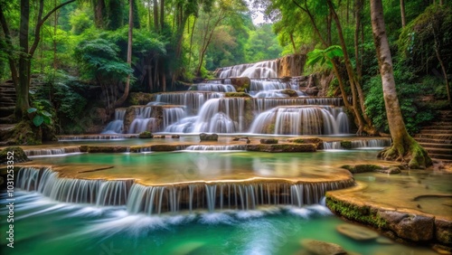 Stone terrace of Chet Si Waterfall in the Thai rainforest , Waterfall, Chet Si, Stone, Terrace, Rainforest