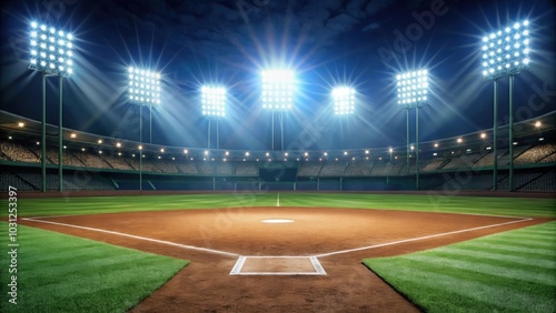 Baseball field illuminated by stadium lights at night , night, sports, leisure, outdoors, games, competition