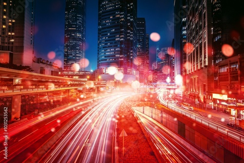 Fototapeta Naklejka Na Ścianę i Meble -  A Hong Kong highway at night with glowing city lights, and speeding cars leaving light trails.