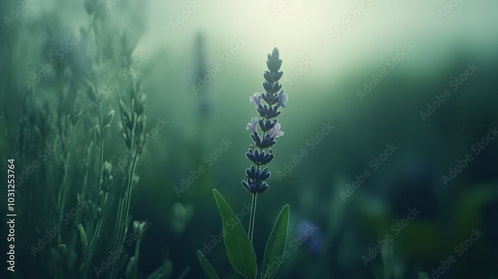 Serene Lavender in Misty Green Environment Serene Lavender in Misty Green Environment