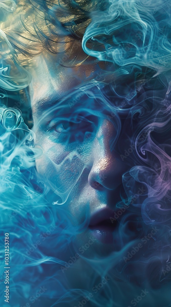 Blue Smoke Portrait: A Dreamy and Ethereal Face Blue Smoke Portrait: A Dreamy and Ethereal Face