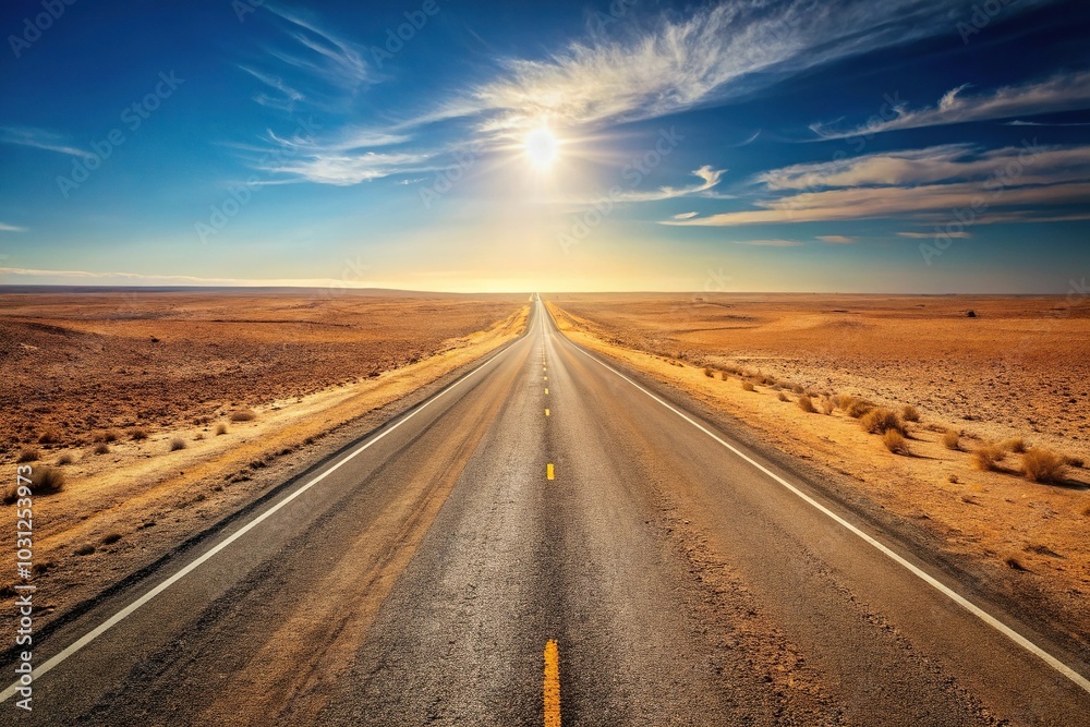 Fototapeta premium Long shot of endless dusty highway cutting through arid wasteland
