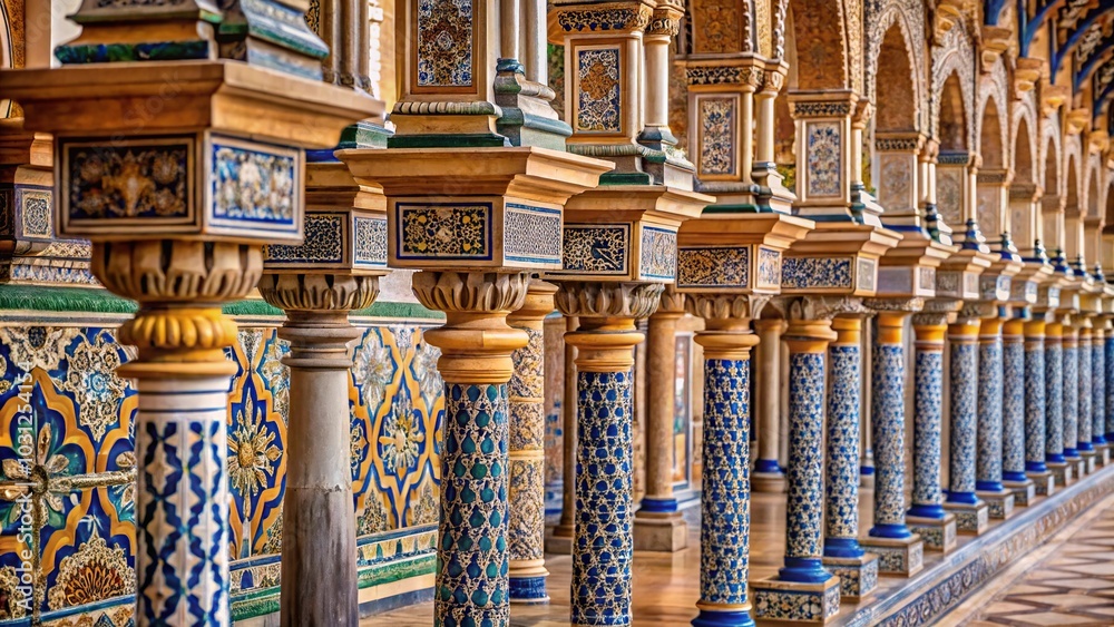 Fototapeta premium Long shot of ornate ornaments on wall columns in Seville