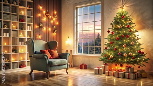 Interior of cozy living room with festive armchair, glowing Christmas tree, and colorful Advent calendar, Christmas