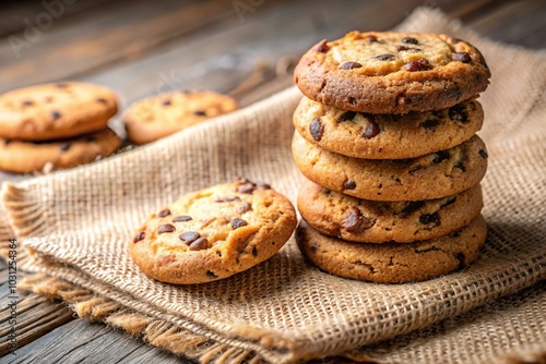 Long shot round cookies with chocolate pieces on textile towel and stack of pastries