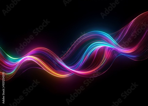 Abstract colorful wave lines on a dark background.