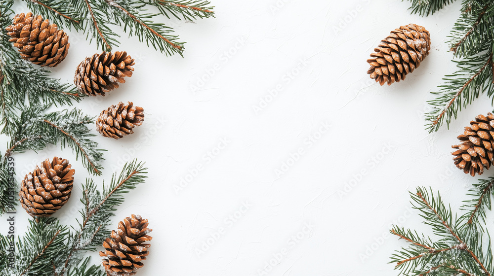 Naklejka premium Clean, focused image of pine cones and evergreen sprigs arranged in a minimalistic style on a neutral background, ideal for Christmas and winter-related designs