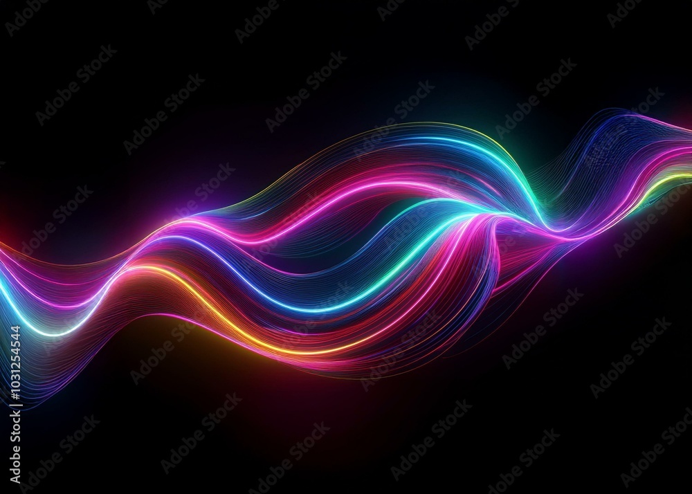 Abstract colorful glowing lines on a black background, creating a dynamic and vibrant wave-like shape. Abstract colorful glowing lines on a black background, creating a dynamic and vibrant wave-like shape.