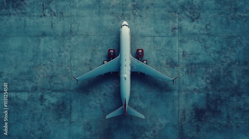 A white airplane with red accents sits on a concrete runway, viewed from directly above.