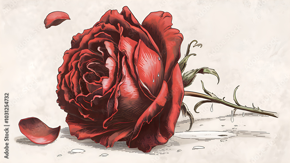 Fallen Glory: A solitary, crimson rose lies fallen, its petals ...