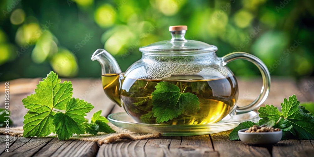 Medicinal tea made from organic currant leaves in a glass teapot , herbal, natural, healthy, wellness Medicinal tea made from organic currant leaves in a glass teapot , herbal, natural, healthy, wellness
