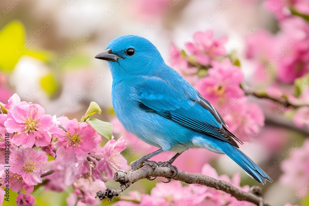 A vibrant bluebird perched on a branch with a joyful expression, surrounded by blooming flowers A vibrant bluebird perched on a branch with a joyful expression, surrounded by blooming flowers