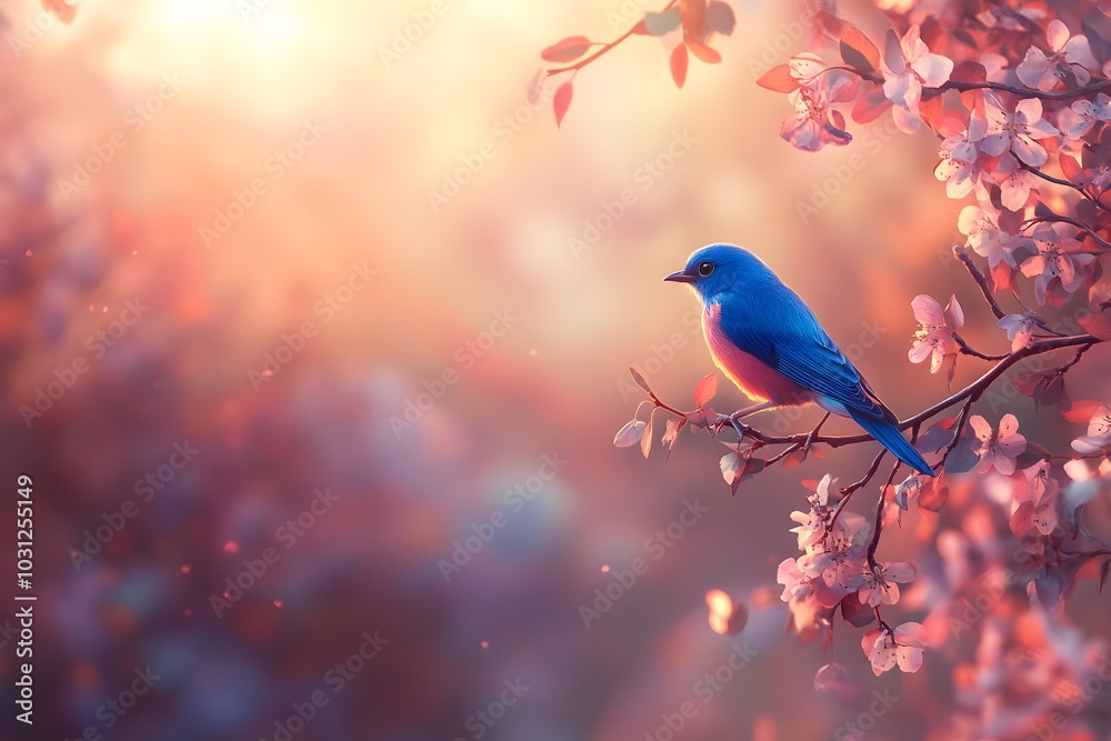 A vibrant bluebird perched on a branch with a joyful expression, surrounded by blooming flowers A vibrant bluebird perched on a branch with a joyful expression, surrounded by blooming flowers