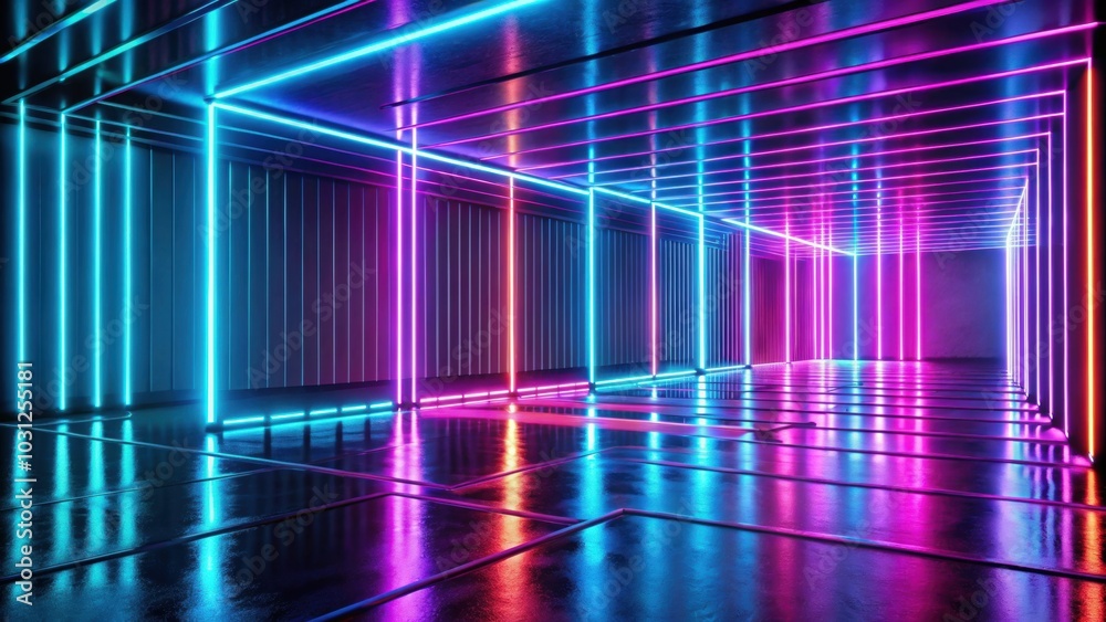 Abstract render of glowing neon lines with floor reflection , neon, vibrant, futuristic, dynamic, panormaic, abstract Abstract render of glowing neon lines with floor reflection , neon, vibrant, futuristic, dynamic, panormaic, abstract