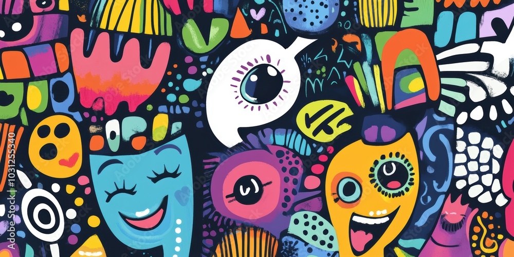 Colorful abstract art with whimsical faces. Colorful abstract art with whimsical faces.