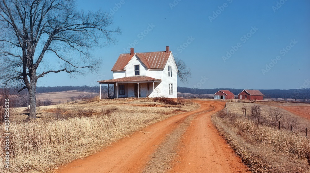 A white farmhouse with a red barn sits on a hill overlooking a long dirt road. A white farmhouse with a red barn sits on a hill overlooking a long dirt road.
