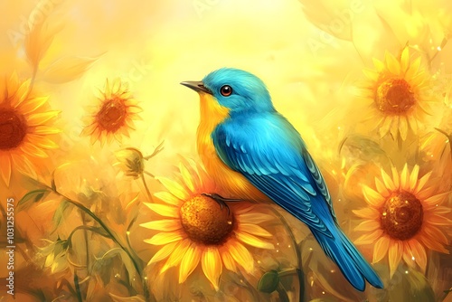 A bluebird restring amidst a field of tall sunflowers photo