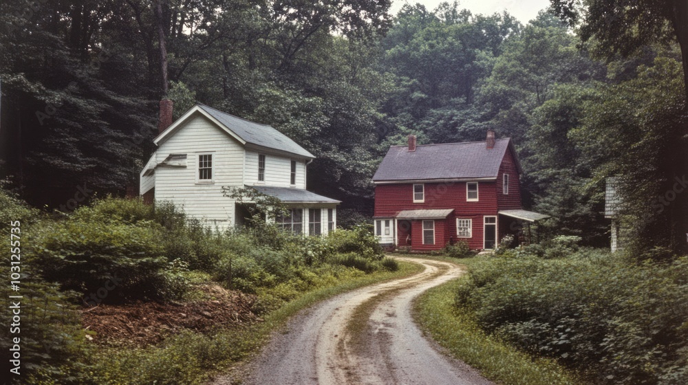 Two houses on a dirt road in a lush forest setting. Two houses on a dirt road in a lush forest setting.