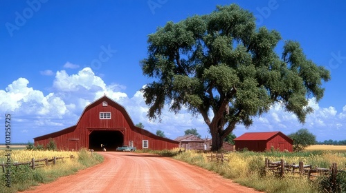 A red barn stands in a field of golden wheat, with a large tree and a dirt road leading to it.