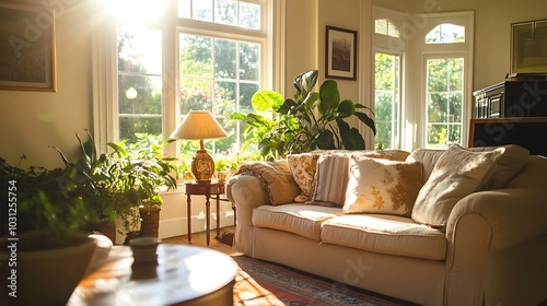 Sunlit Living Room with Sofa, Plants, and a Window View