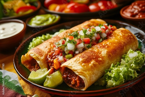 A delicious chimichanga served in a vibrant Mexican restaurant setting with festive decorations and a colorful ambiance