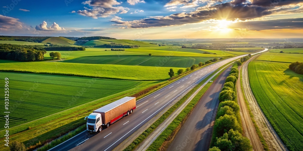 Aerial View of Delivery Truck on the Open Road - Efficient Logistics in Motion Aerial View of Delivery Truck on the Open Road - Efficient Logistics in Motion
