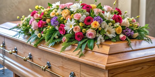 Close up of a coffin with a beautiful flower arrangement for a funeral service, coffin, flowers, arrangement, funeral, close up