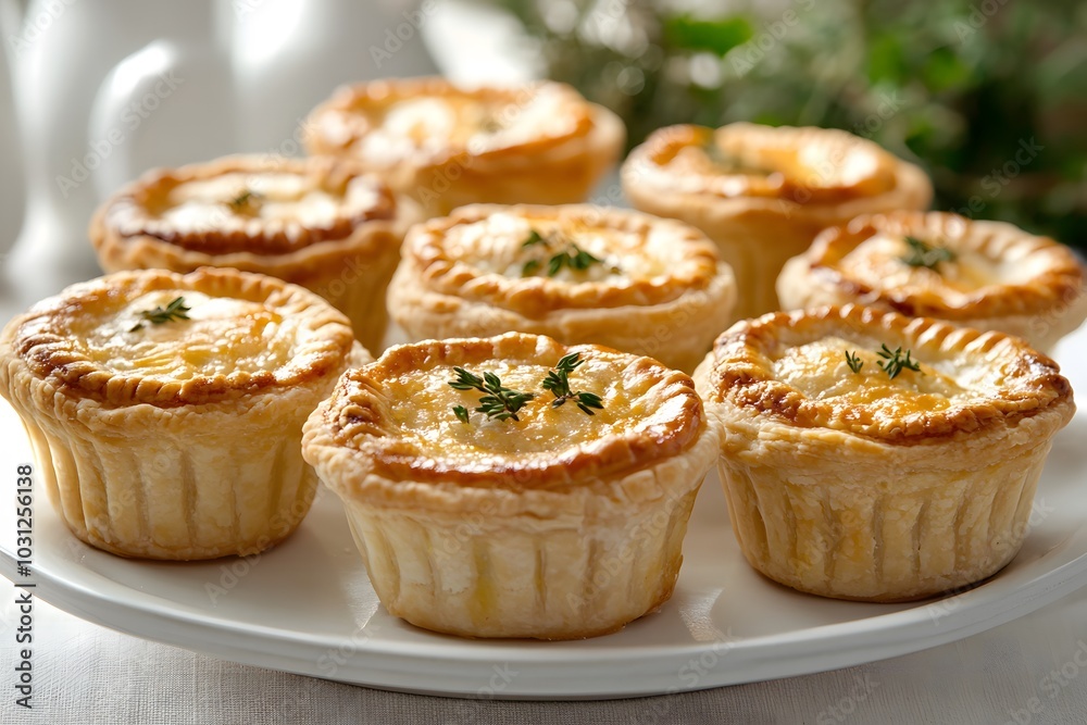 A selection of mini pot pies on a platter, each with a crisp, golden crust and a sprinkle of fresh herbs A selection of mini pot pies on a platter, each with a crisp, golden crust and a sprinkle of fresh herbs