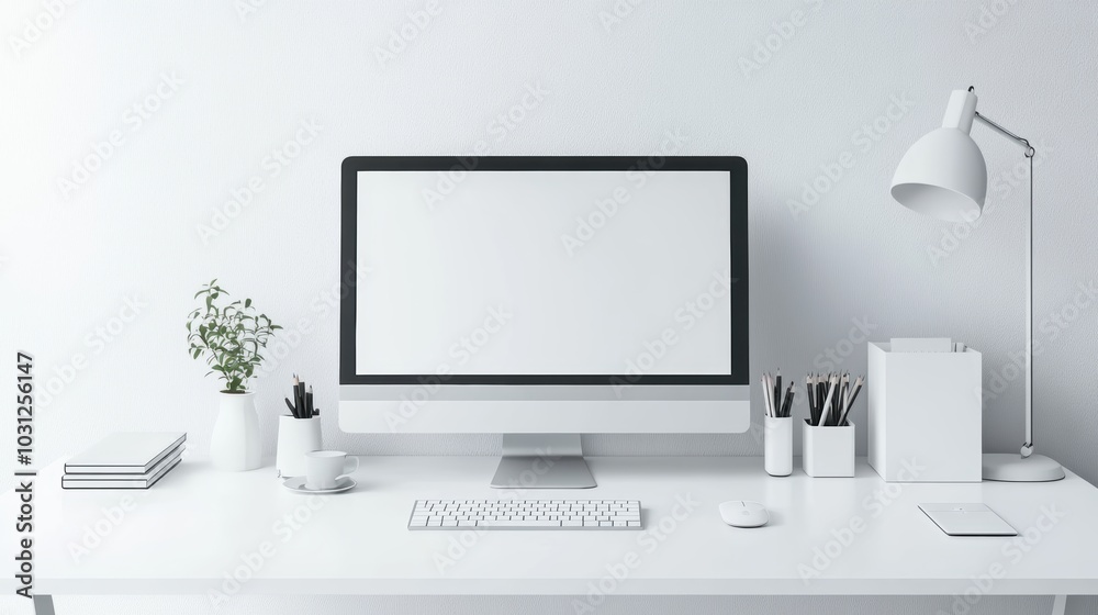 Fototapeta premium White minimalist workspace with computer and lamp.