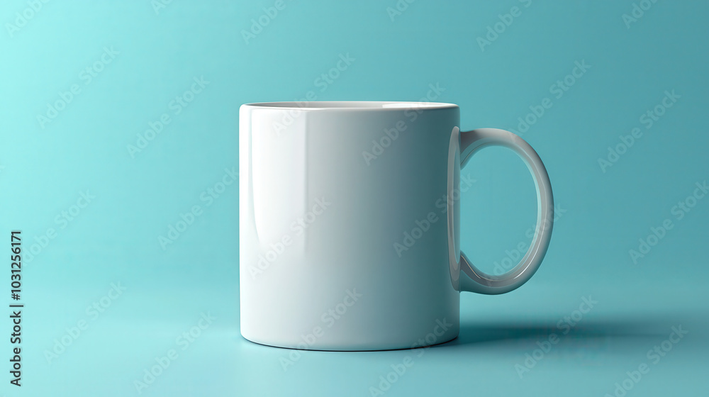 White ceramic coffee mug with a handle, placed against blue background. Minimalist and clean design, ideal for mockups or product display.