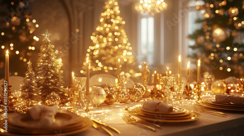 Elegant New Year's Eve Dining Table with Golden Chandeliers