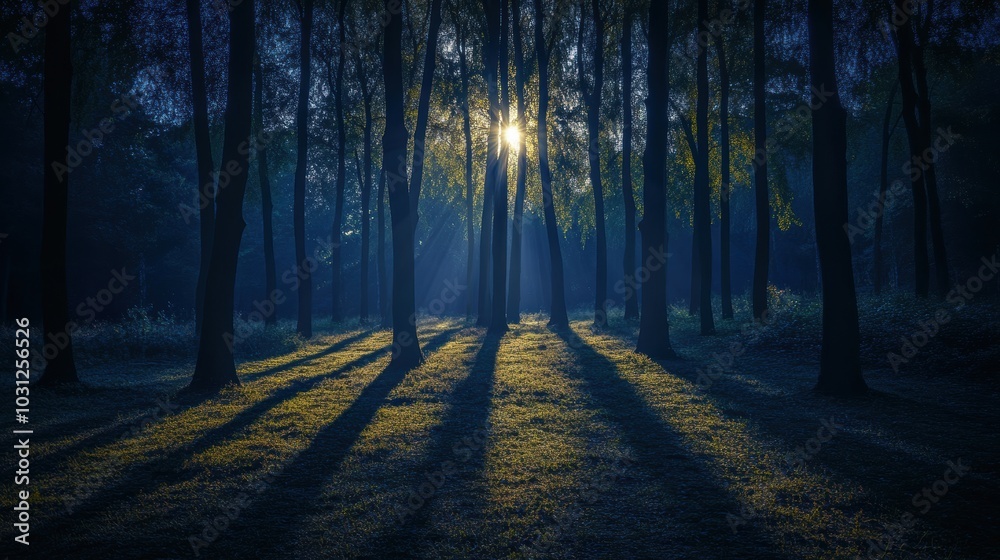 Naklejka premium Sunlight beams through a dense forest.